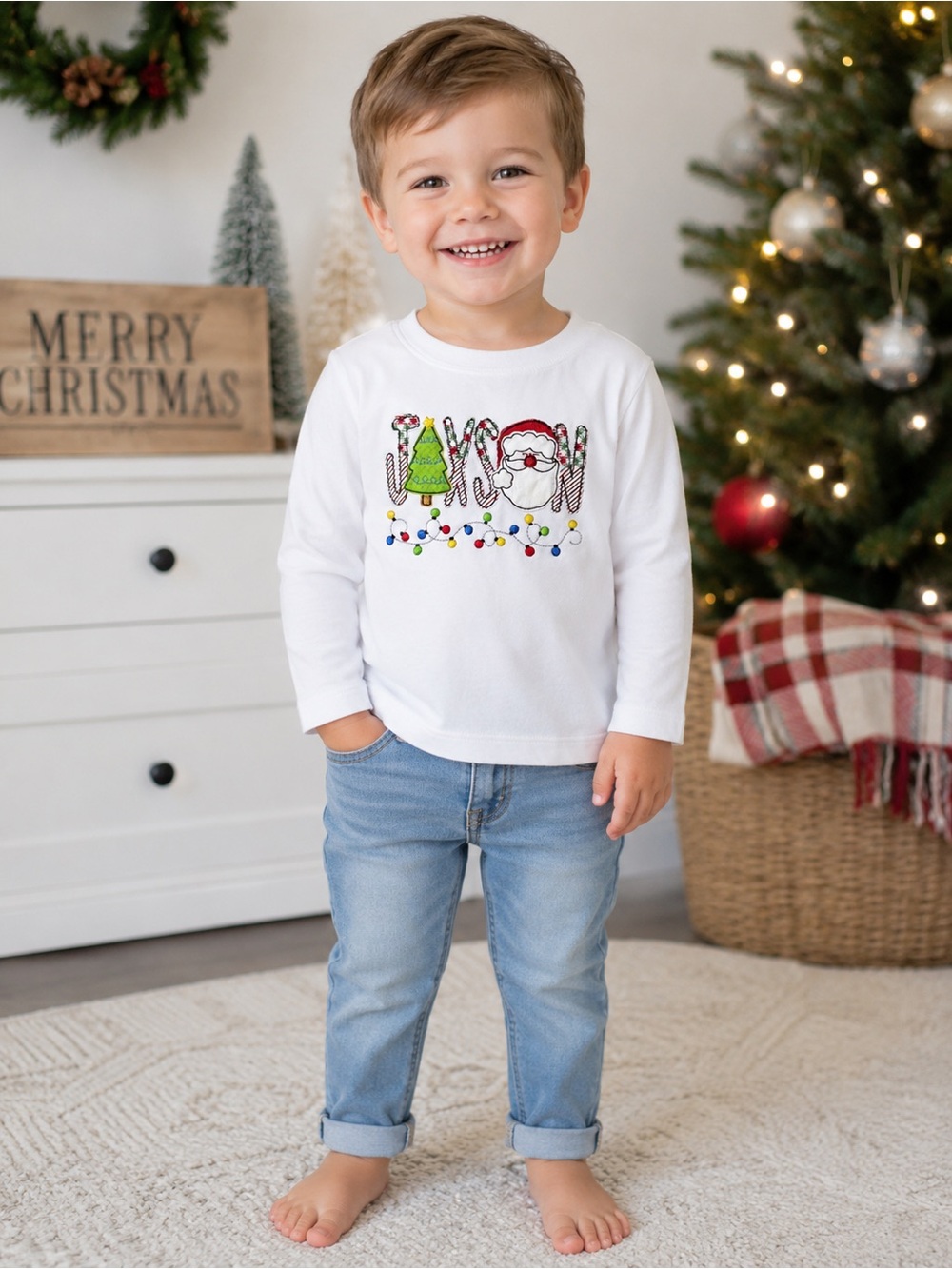 White Kids' Long-Sleeve Christmas Top with Santa & Tree Applique